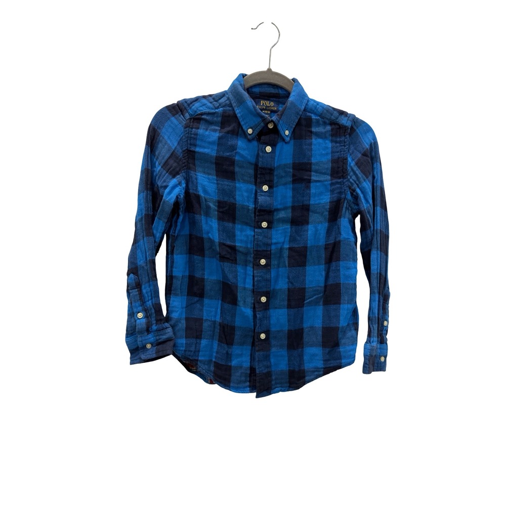 Polo Ralph Lauren Boys Blue Buffalo Plaid Flannel Button Down Shirt Size M 10-12
